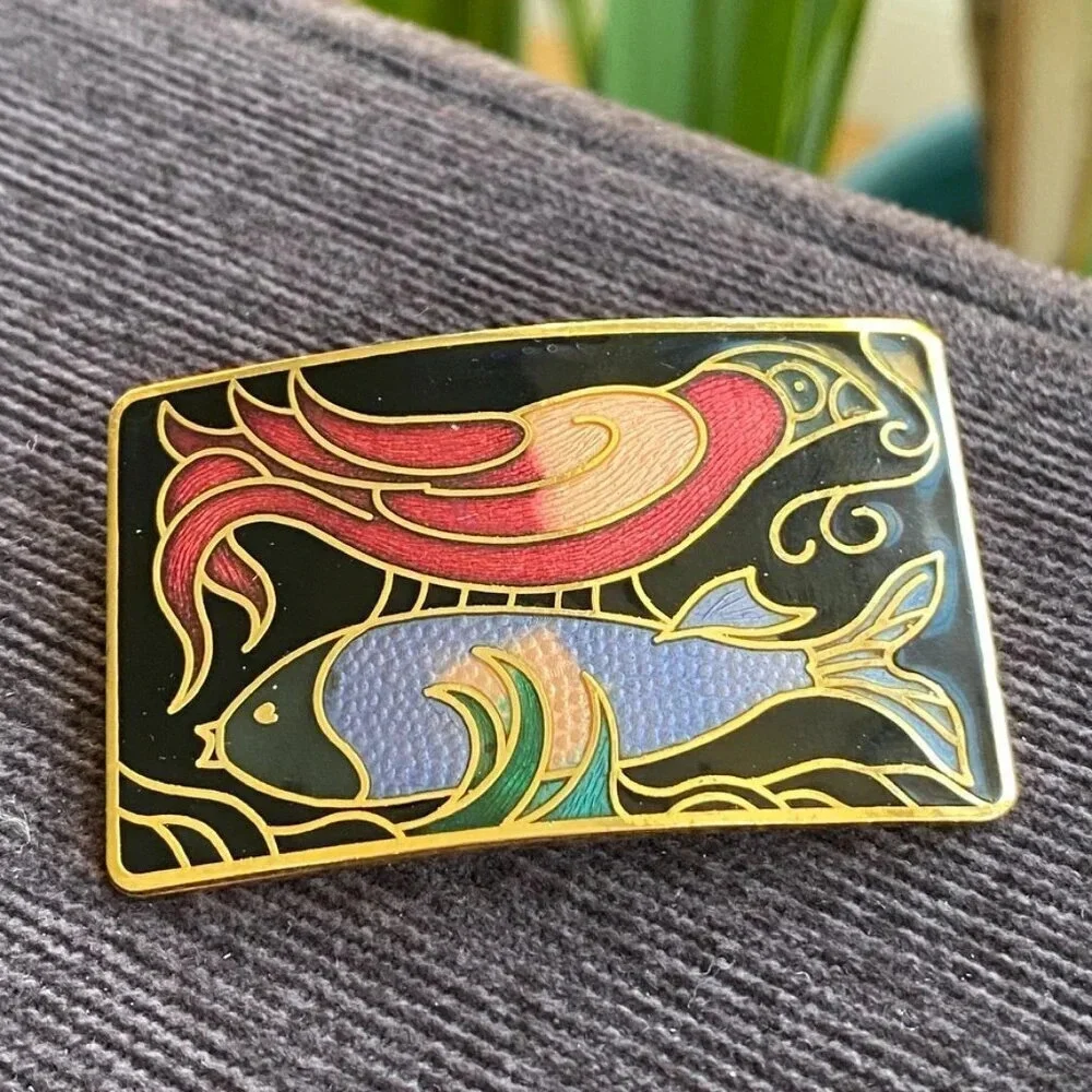 Cloisonne Pin with Bird and Fish Motif Gold Tone Setting